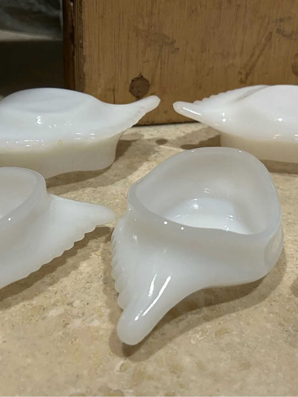 5 vintage Glasbake milk glass individual crab baking dishes